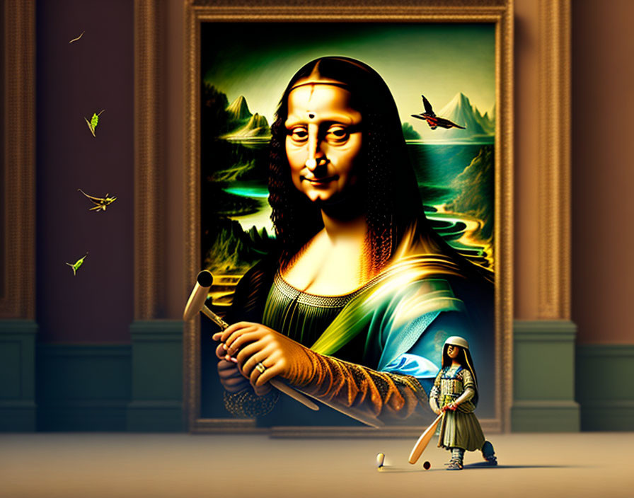 Surreal art: Mona Lisa with key, samurai woman, art gallery, hummingbirds