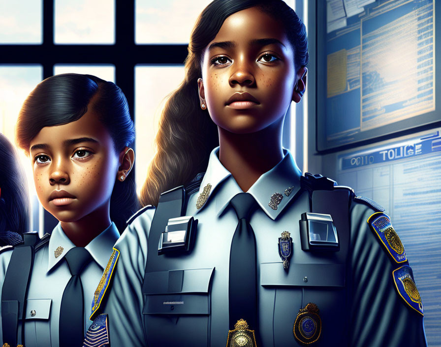 Illustration of two young girls in police uniforms with police station background