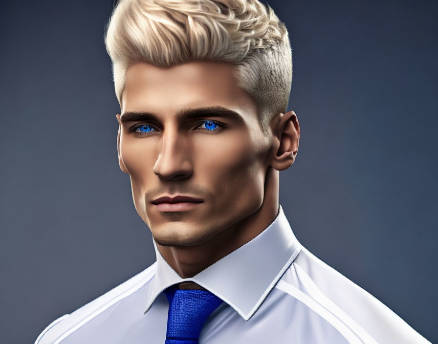 Platinum Blonde Man with Blue Eyes in White Shirt and Blue Tie