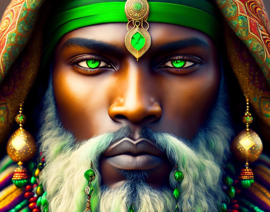 Man with Green Headband, Piercing Green Eyes, Golden Jewelry, and Colorful Turban