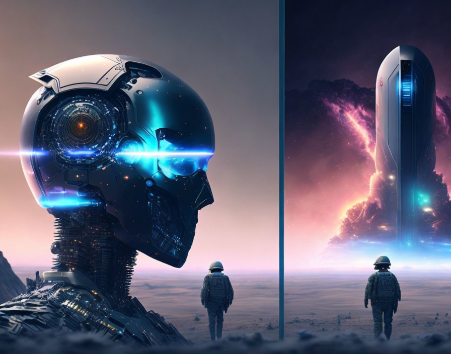 Split Image: Futuristic Robot Head and Astronauts Approaching Monolith