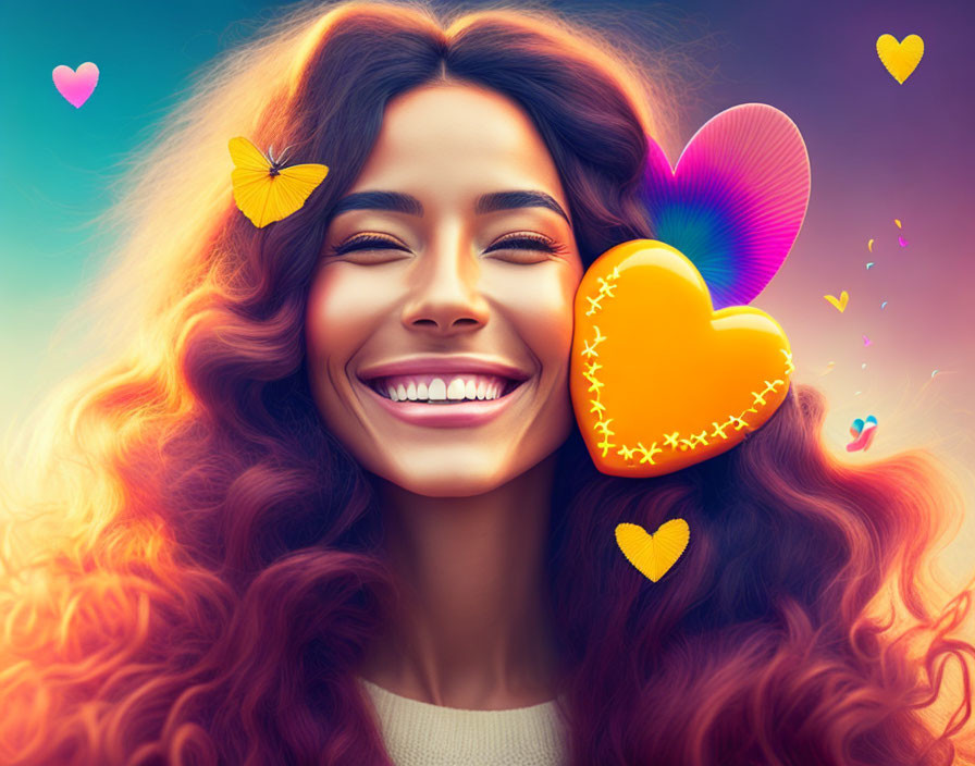 Curly-haired woman in colorful hearts and butterflies scenery
