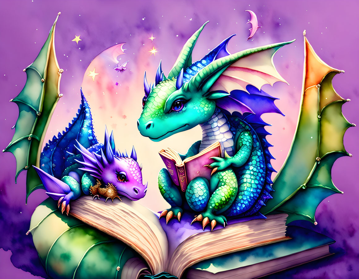 Vibrant cartoon-style dragons reading book on starry background