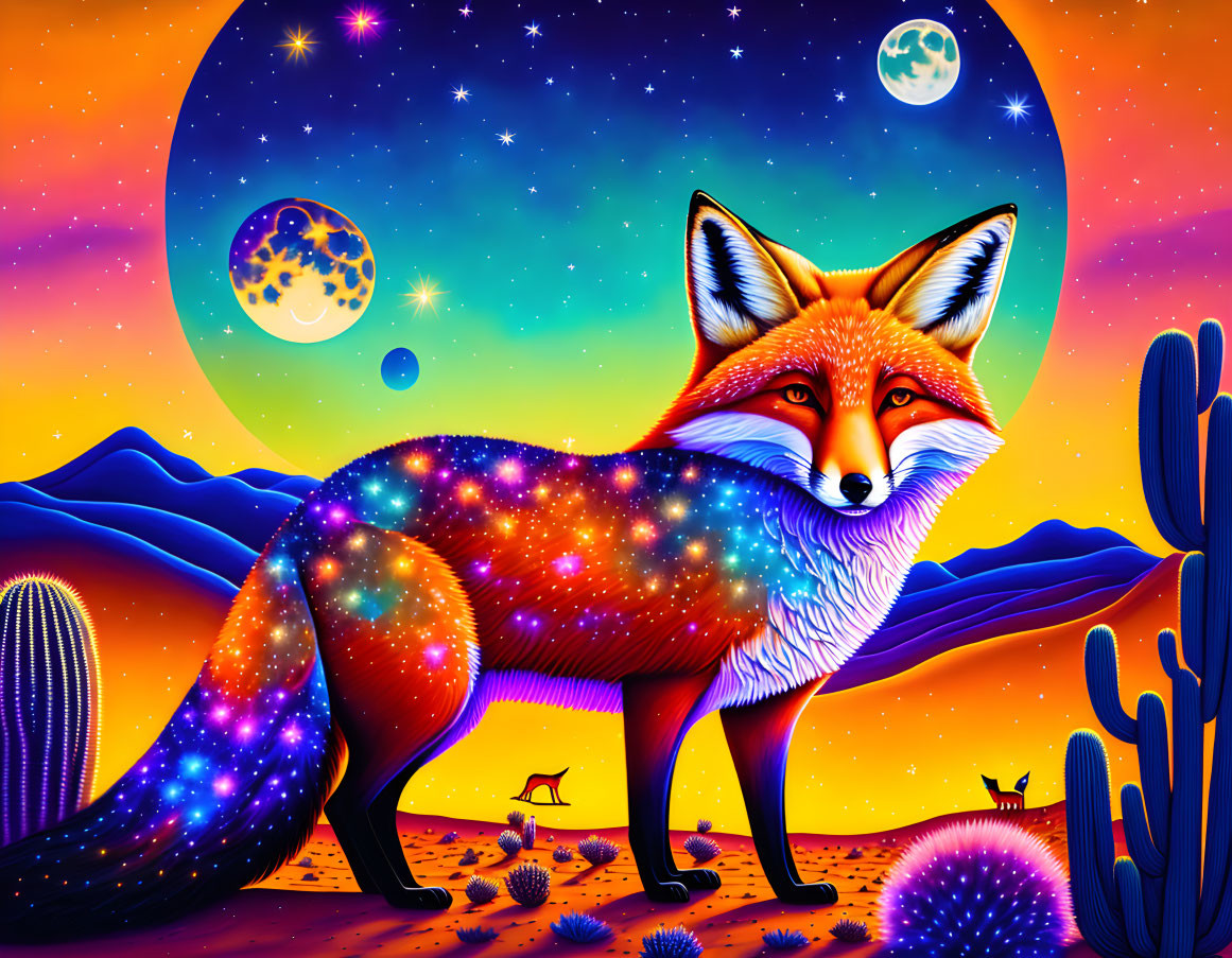 Colorful Digital Artwork: Galaxy Fox in Desert with Cacti and Moons