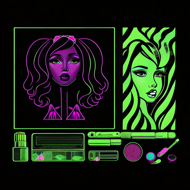 Vibrant neon green and purple female faces with beauty accessories illustration