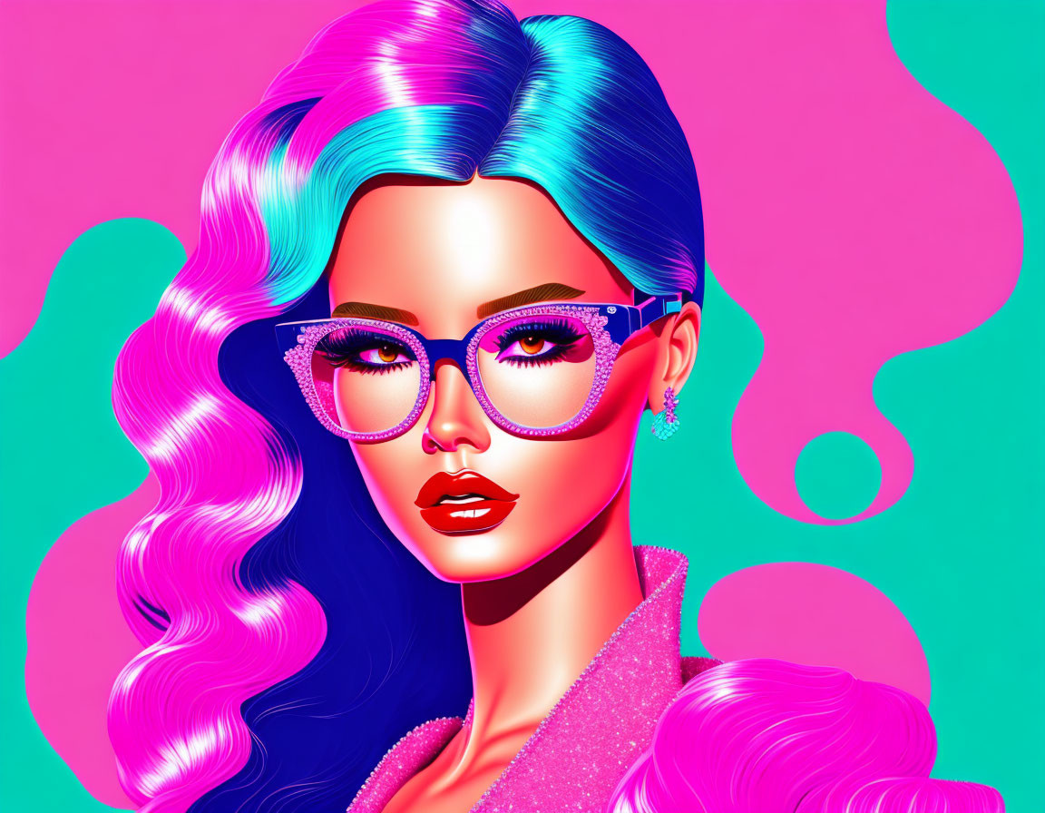 Colorful illustration: Woman with blue and pink hair, sparkly glasses, earrings, and jacket on