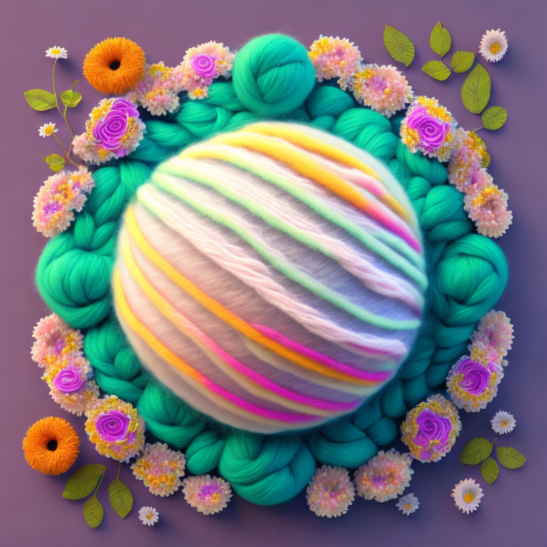 Vibrant flowers and soft yarn ball on purple backdrop