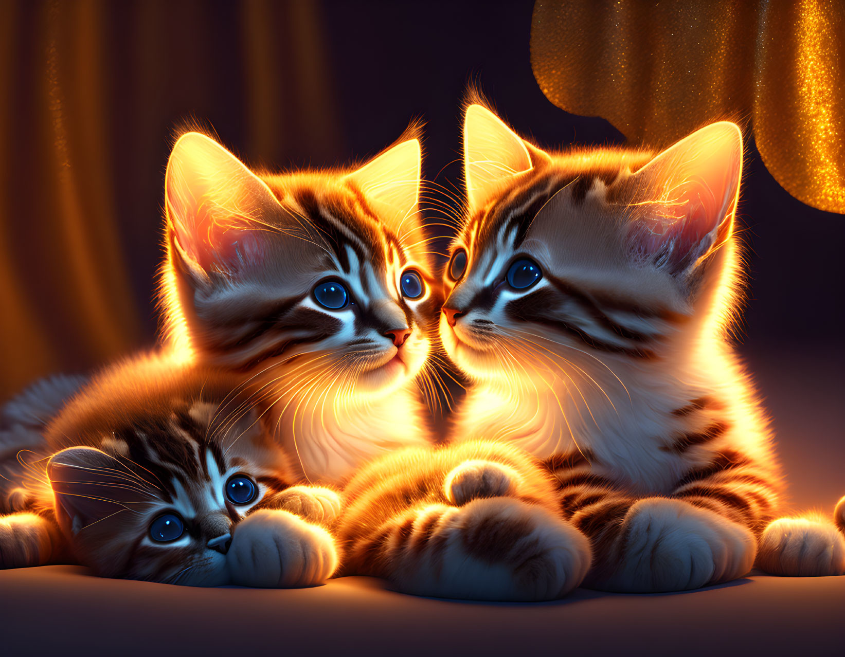 Three adorable kittens with striking blue eyes in cozy, dimly lit setting.