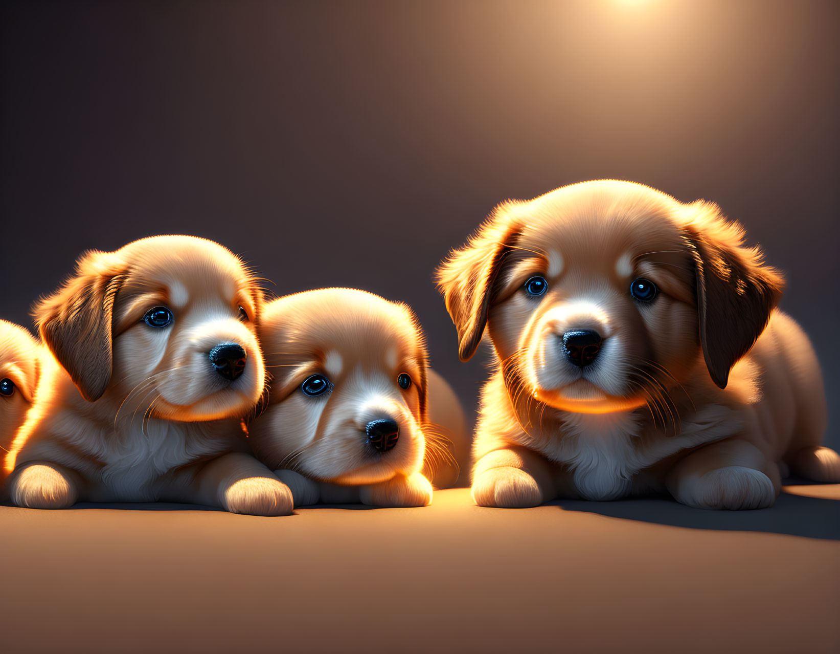 Four golden retriever puppies under soft glowing light