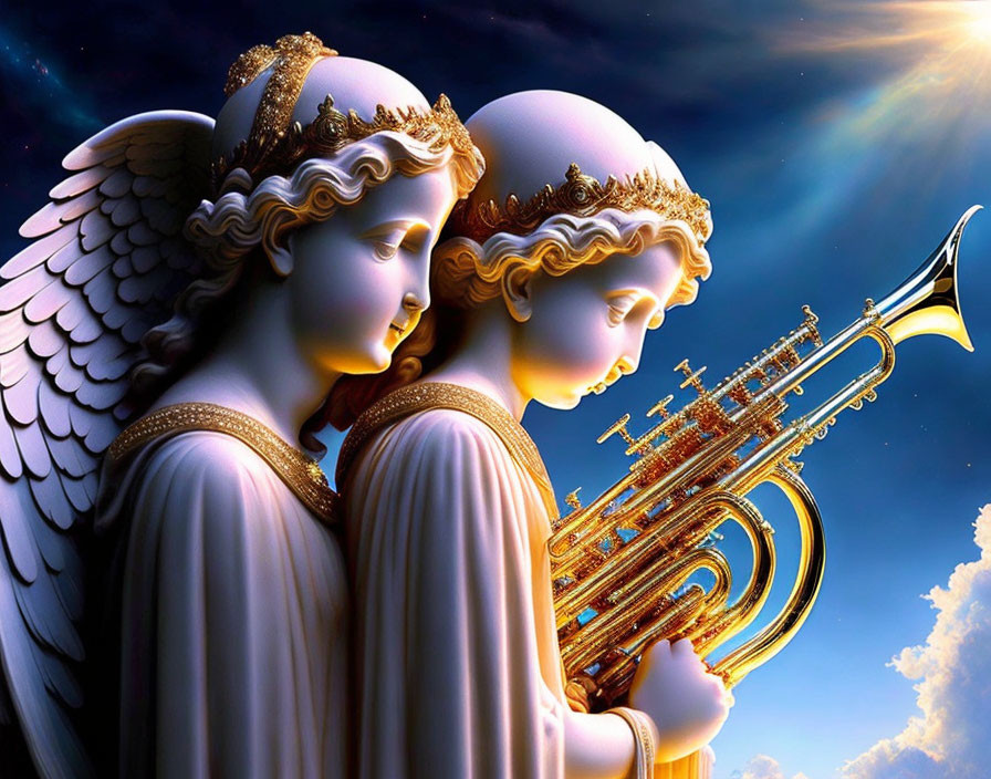 Angels with halos playing golden trumpet in radiant sky