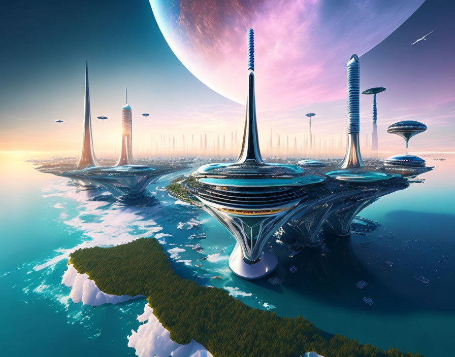 Futuristic cityscape with towering spires and saucer-like buildings above water