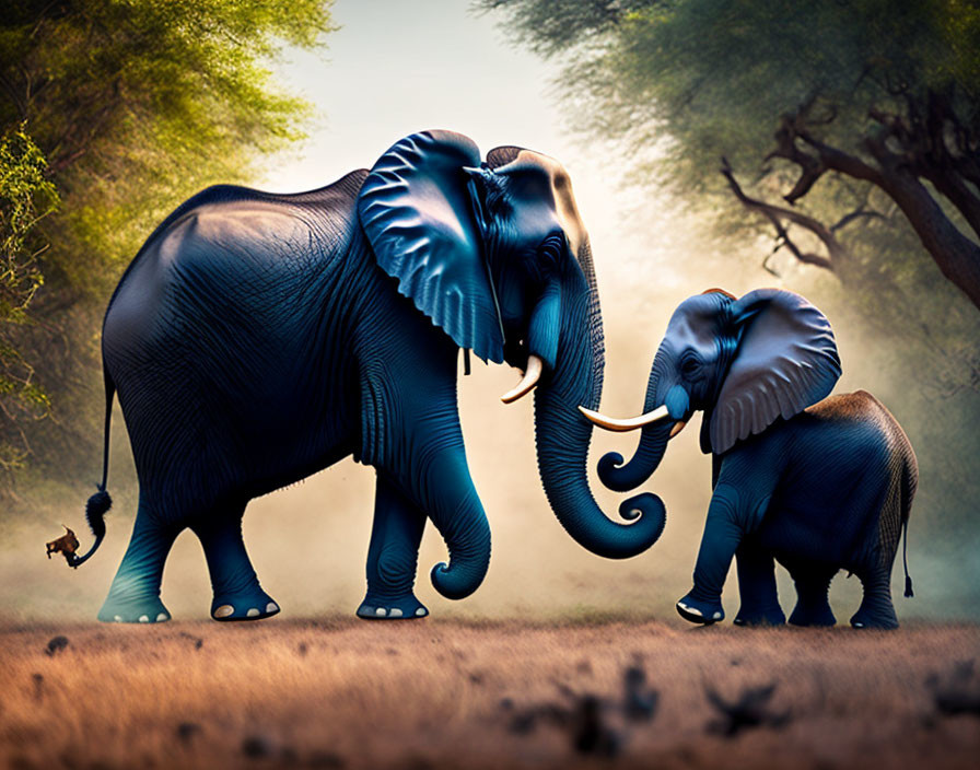 Two elephants in serene forest landscape with warm lighting