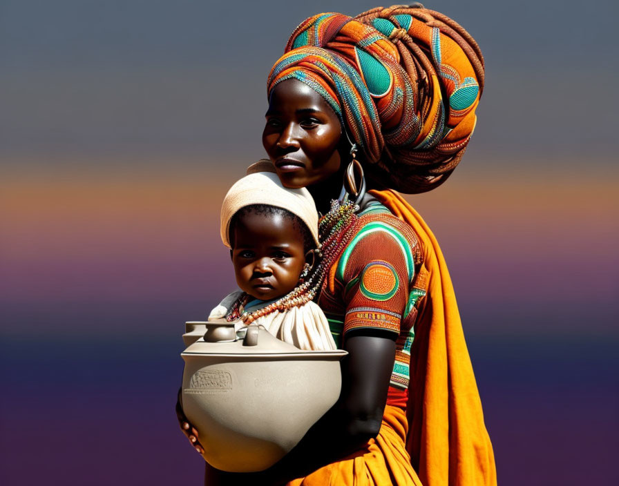 Woman in vibrant headwrap and orange dress with child and pot on purple-orange background.