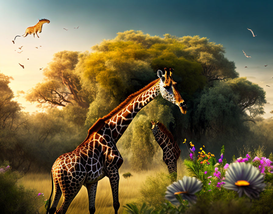 Savanna scene with two giraffes, birds, and flora