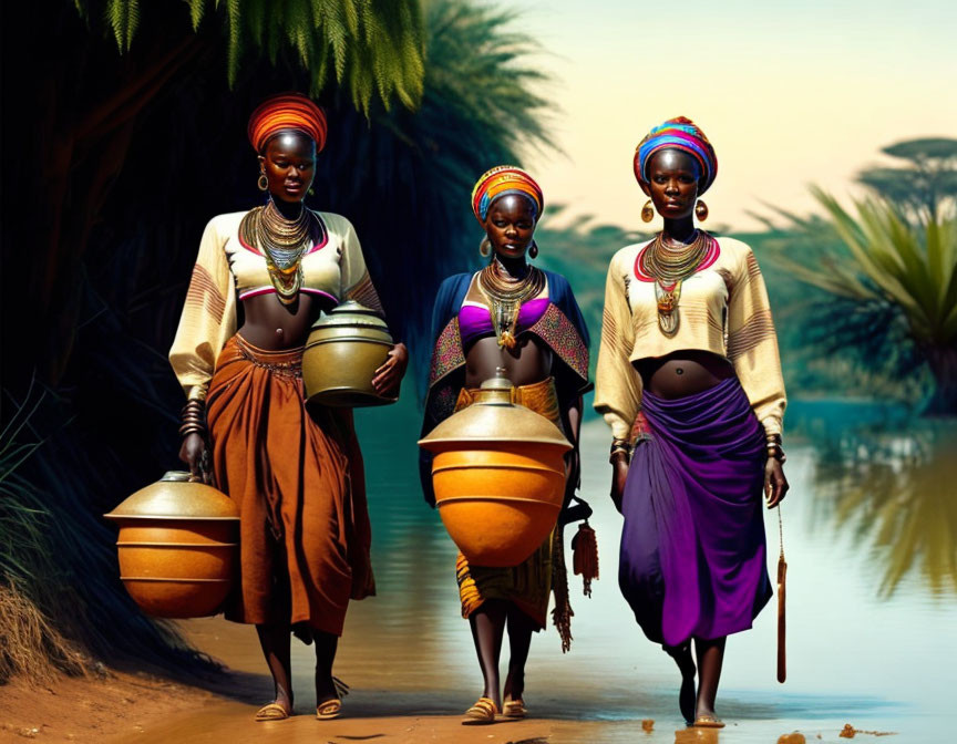 Three Women in Traditional African Attire by Water Body