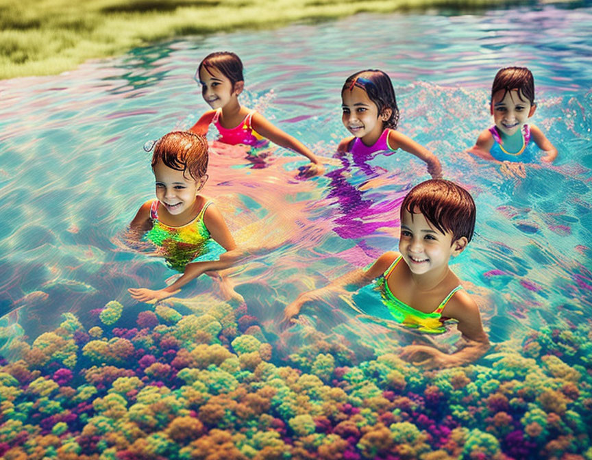 Five children swimming over colorful coral reef illusion in pool.