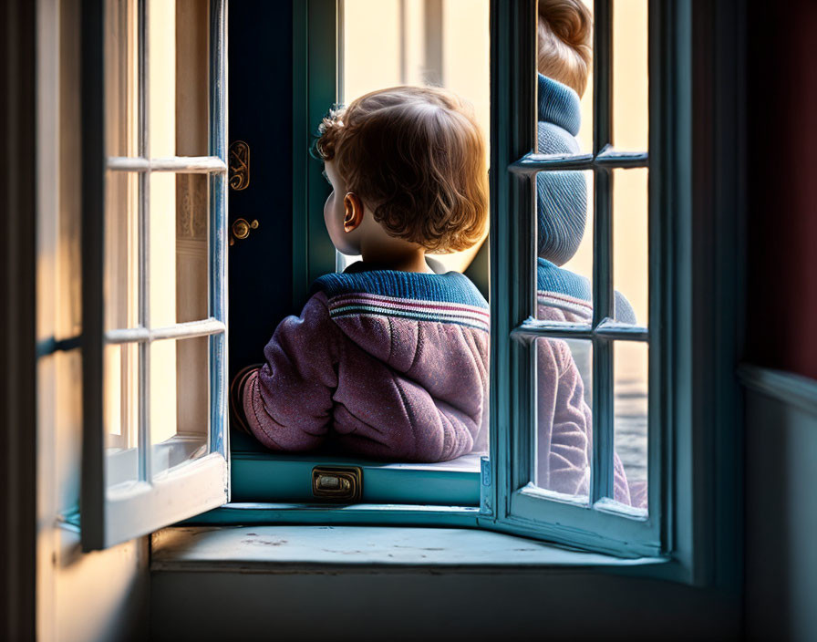 Child in pink top gazes out window in sunlight