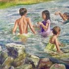 Five children swimming over colorful coral reef illusion in pool.