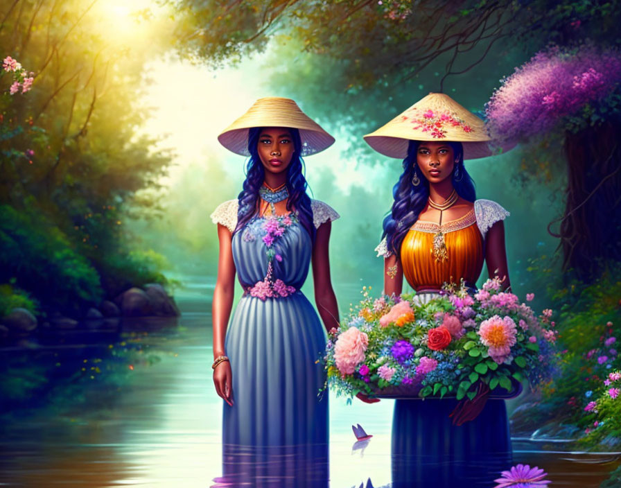 Two women in elegant dresses with bouquets by serene riverbanks