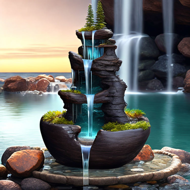 Artistic Multi-Tiered Waterfall Fountain with Rocks and Greenery