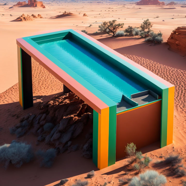 Surreal oversized swimming pool in desert landscape