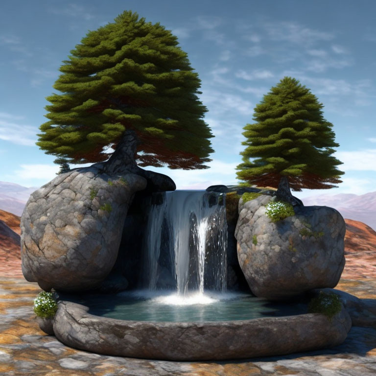 Digital artwork: Serene waterfall between rocky structures, trees, mountains