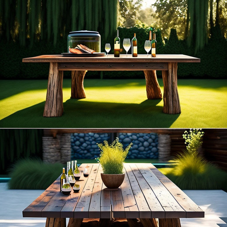 Rustic outdoor table set with bottles and plants on grassy backyard