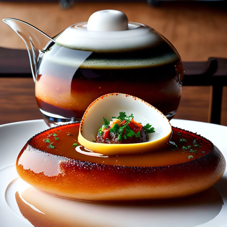 Transparent teapot, dark liquid, amber sauce, white garnished food.