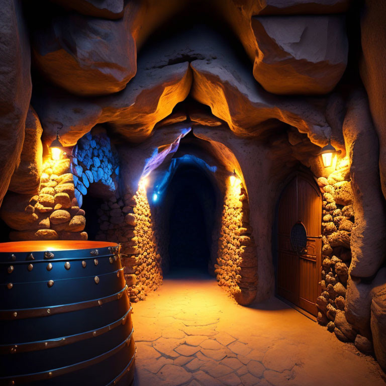 Mystical underground cave with blue lighting, wooden door, cobblestone walls, and barrel