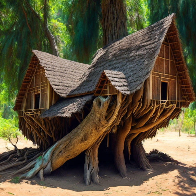 Thatched roof wooden house nestled in tree branches