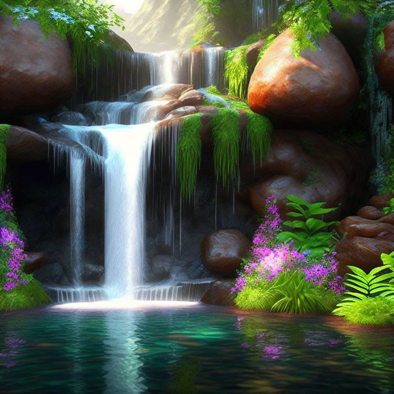 Tranquil waterfall with lush foliage and purple flowers