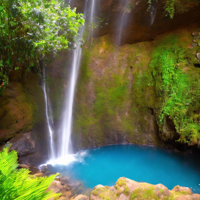 Tranquil Waterfall Cascading into Serene Blue Pool