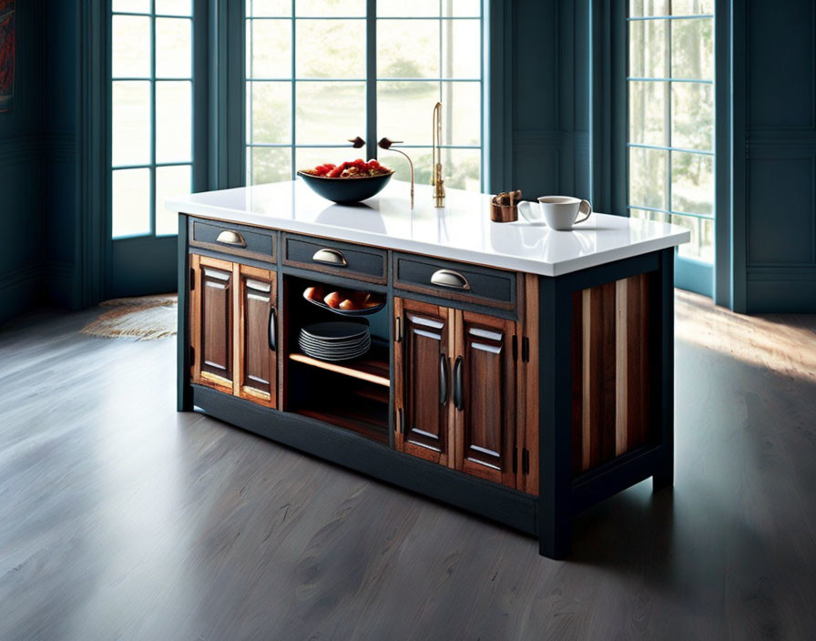 Dark Wood Kitchen Island with White Countertop & Brass Fixtures