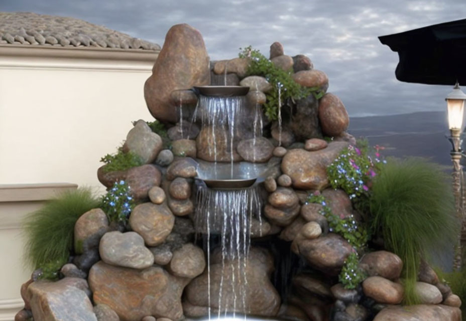 Cascading outdoor water feature with rocky landscape and cloudy sky