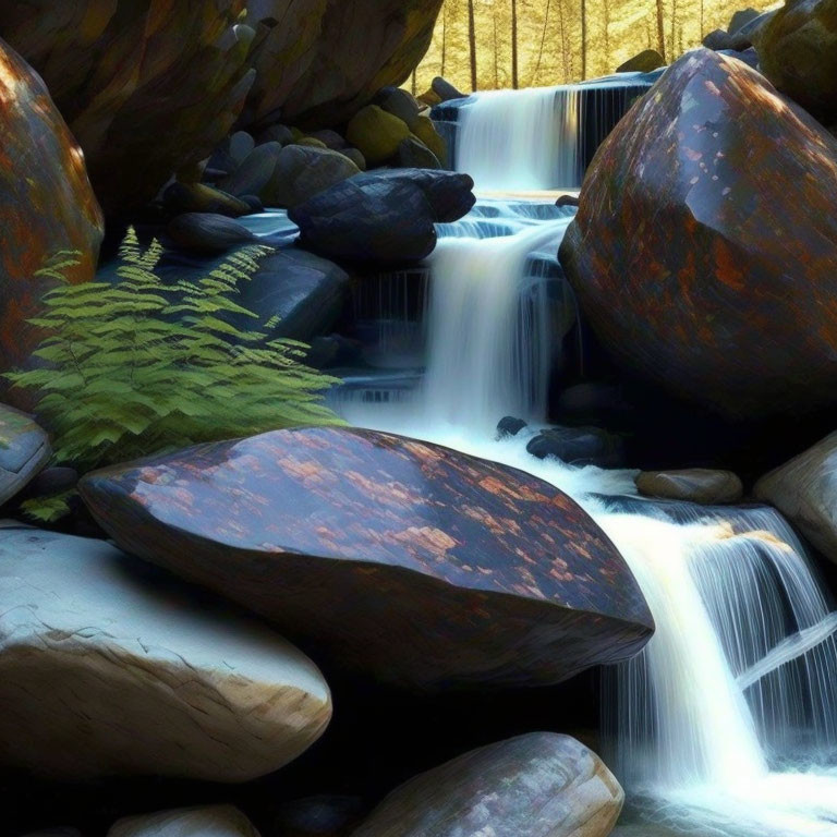 Tranquil cascade among mossy rocks in lush fern forest