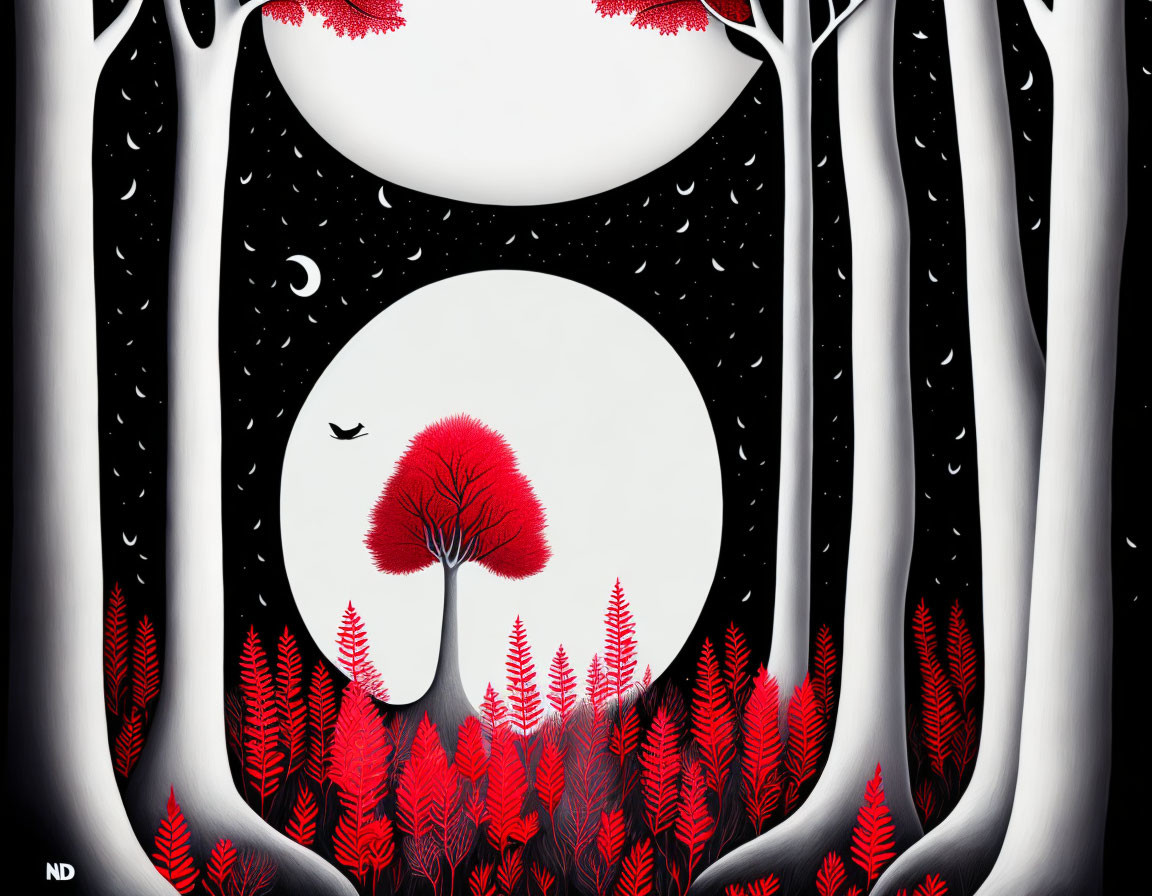 Red tree under crescent moon in starry night sky with white trees and red foliage