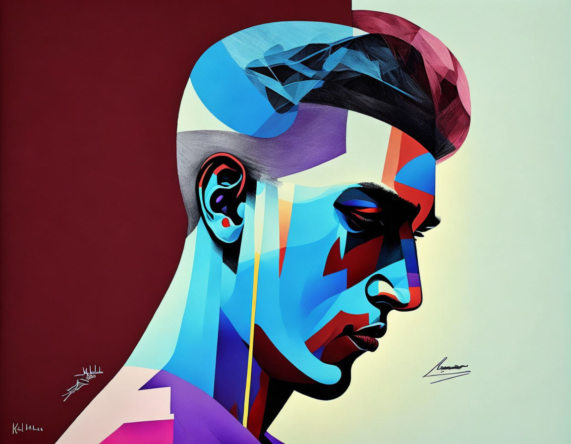 Vibrant geometric human profile art in blue, red, and purple on dual-tone backdrop