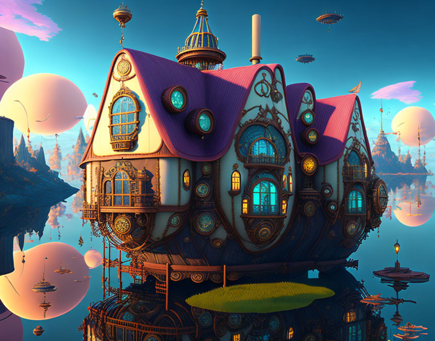 Whimsical digital artwork of floating house and surreal orbs