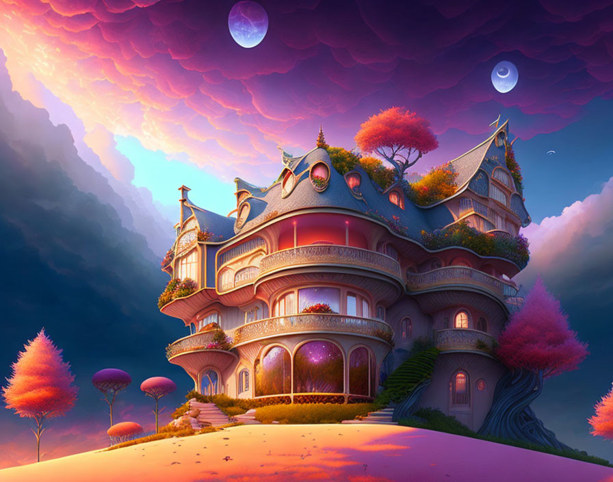 Whimsical fantasy landscape with pink house, pink trees, and two moons