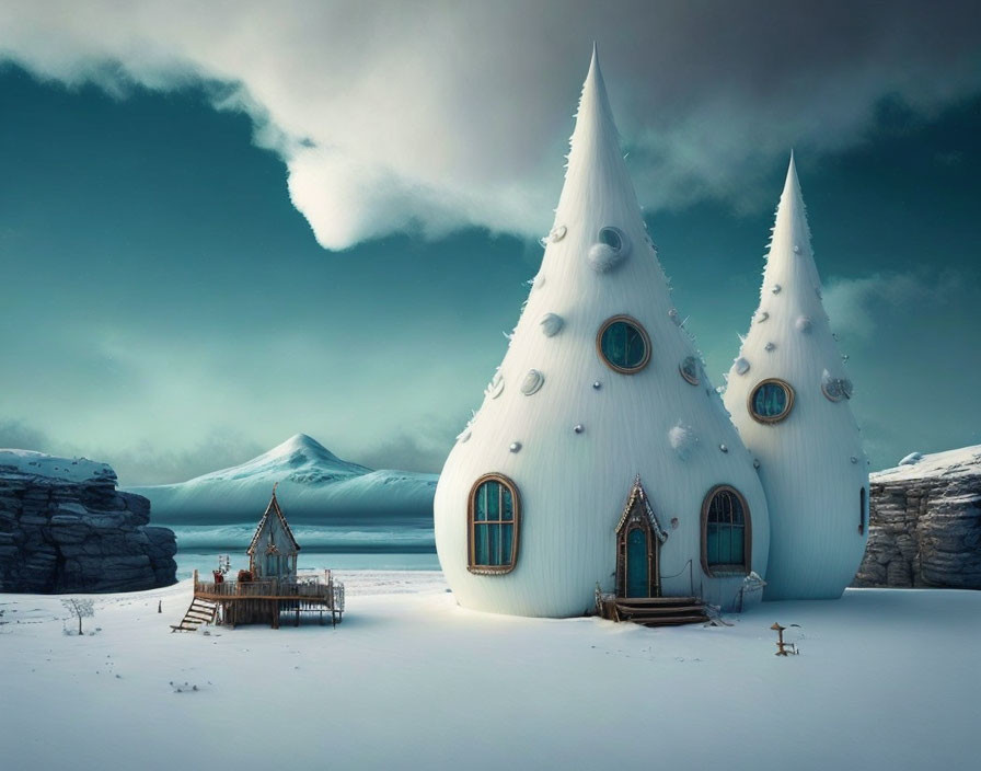 Fantasy cone-shaped houses in snowy landscape with round doors and windows