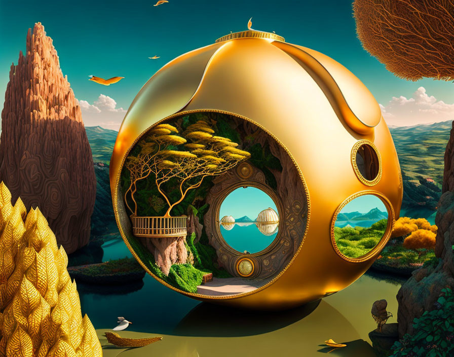 Surreal landscape featuring golden spherical structure with tree, birds, mountains, water.