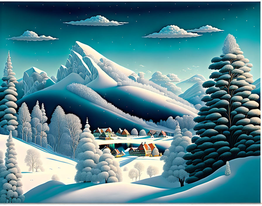 Snow-covered hills, village, pine trees, and starry sky in tranquil winter scene