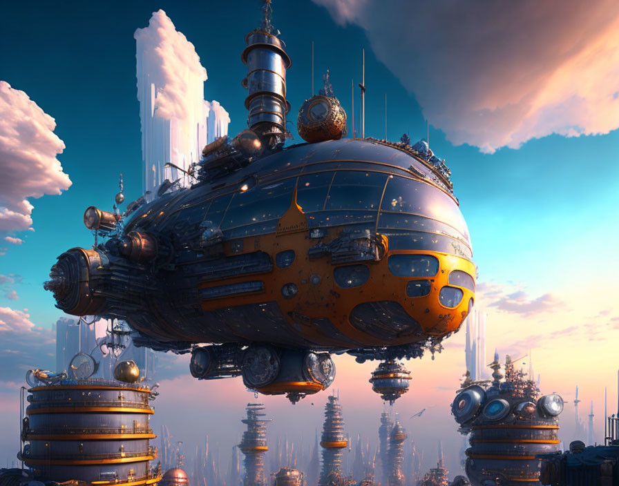 Futuristic airship with spherical sections and antennas over cityscape.