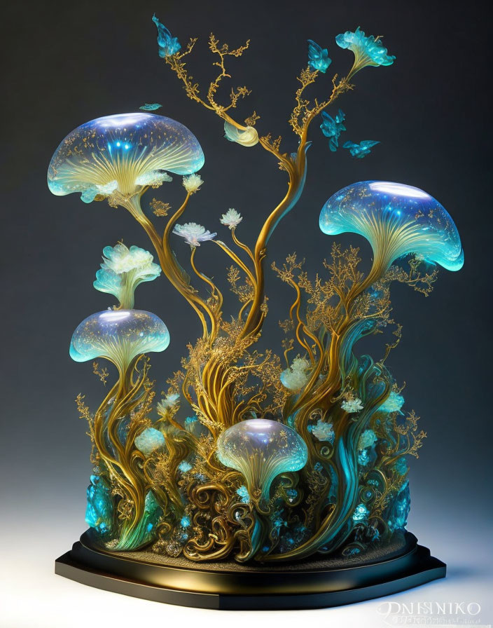 Luminous jellyfish-like sculpture with sea creatures and aquatic flora.