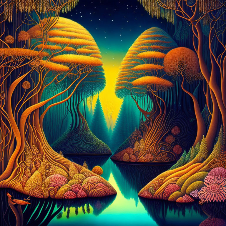 Symmetrical, colorful artwork of whimsical forest scene