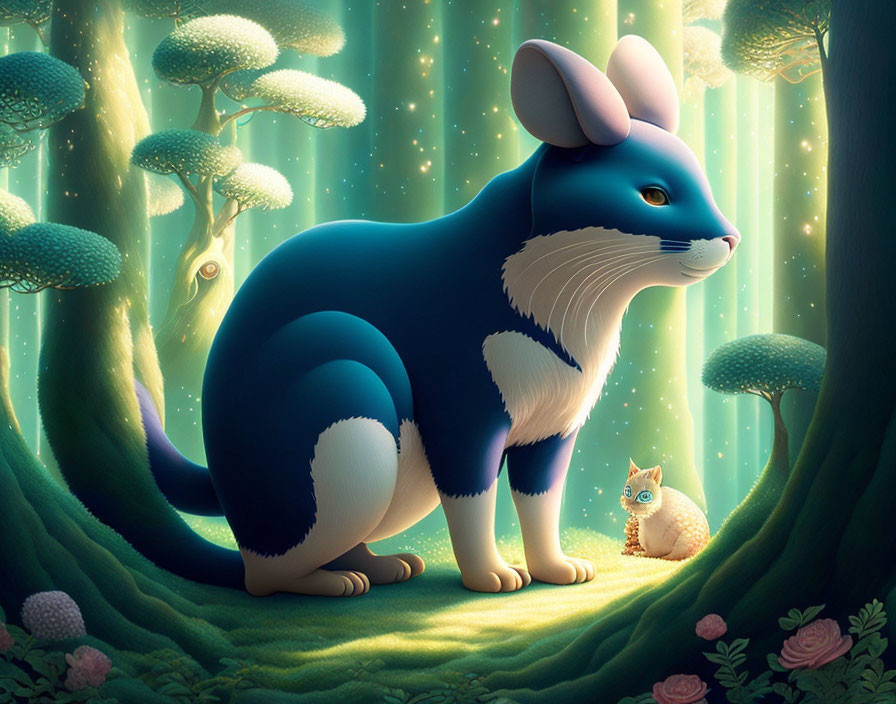 Illustration of large blue and white cat in magical forest with glowing trees, smaller cats, and floating