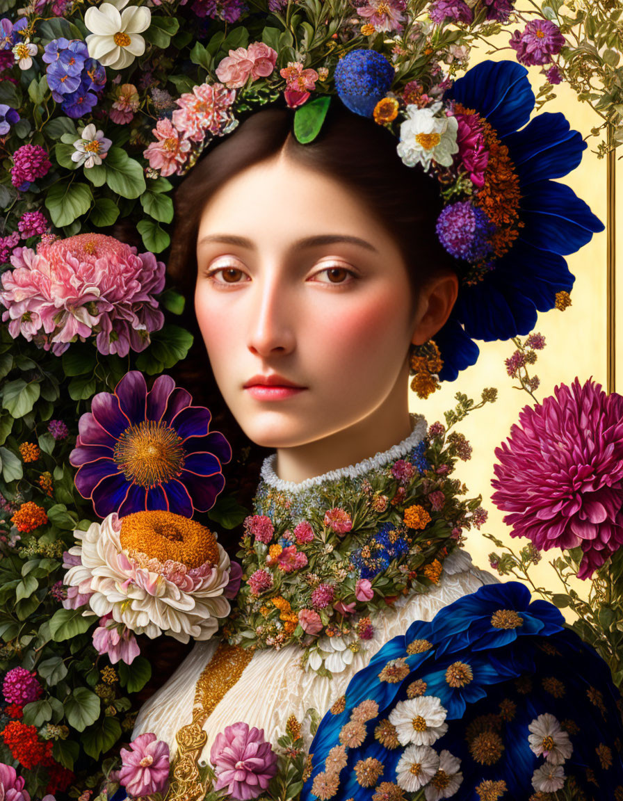 Woman in Floral Headdress Surrounded by Colorful Flowers