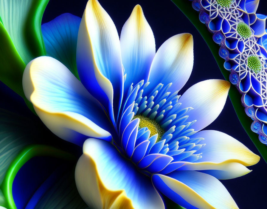 Abstract blue and white flower digital artwork on dark background