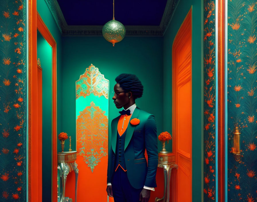 Stylish person in blue suit with orange boutonniere in vibrant room with teal and orange