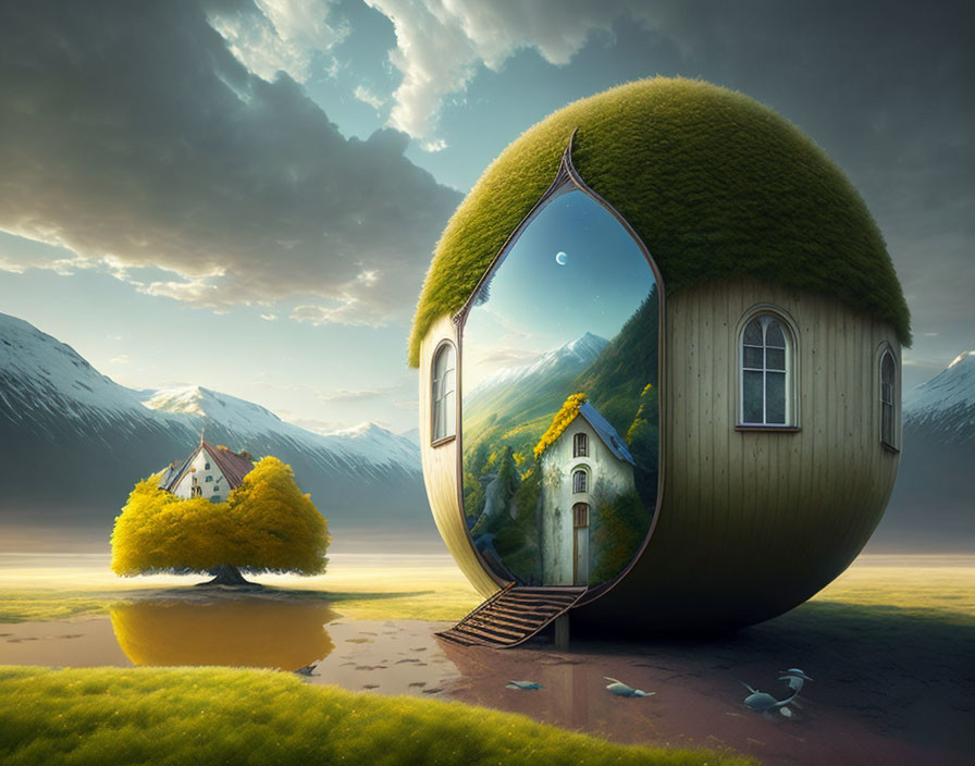 Unique spherical house with grass roof and mirrored exterior by lake and mountains.